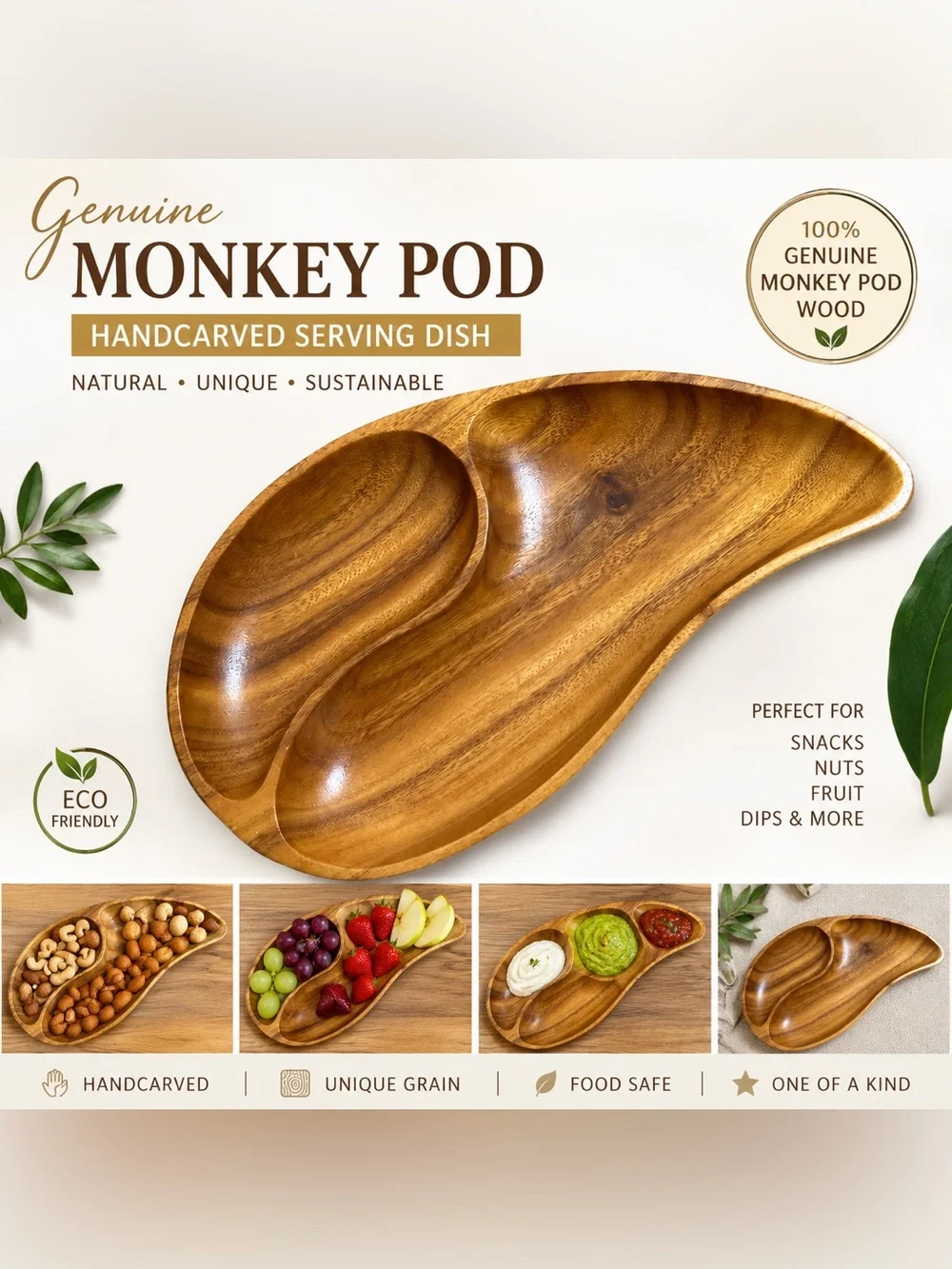 Vintage Genuine Monkey Pod Hand Carved Serving Tray Wood Divided Dish Bowl MCM